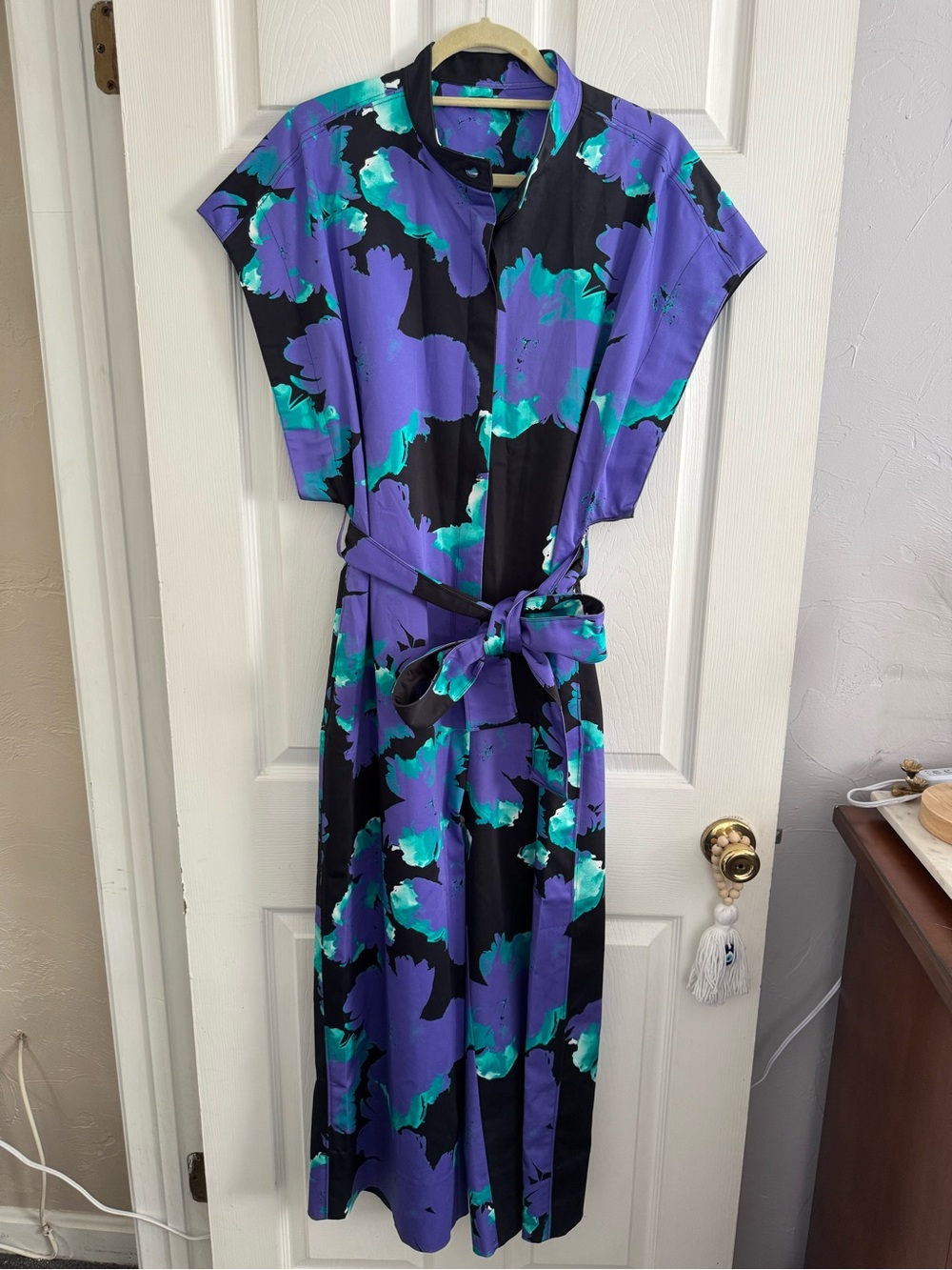 Natori Black, Purple & Teal Floral Tie-Waist Jumpsuit